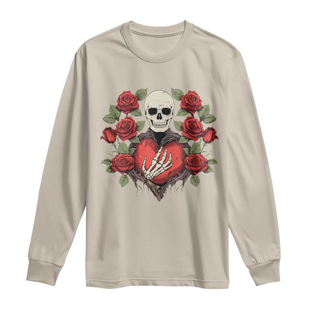 Valentine's Day Long Sleeve Shirt Skeleton Hand Heart Sign Red Rose Flower Gothic TS09 Sand Print Your Wear