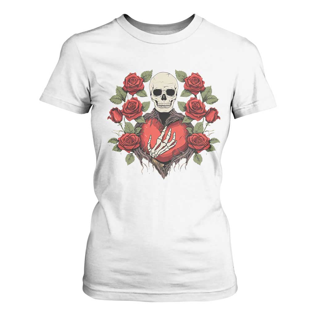 Valentine's Day T Shirt For Women Skeleton Hand Heart Sign Red Rose Flower Gothic TS09 White Print Your Wear