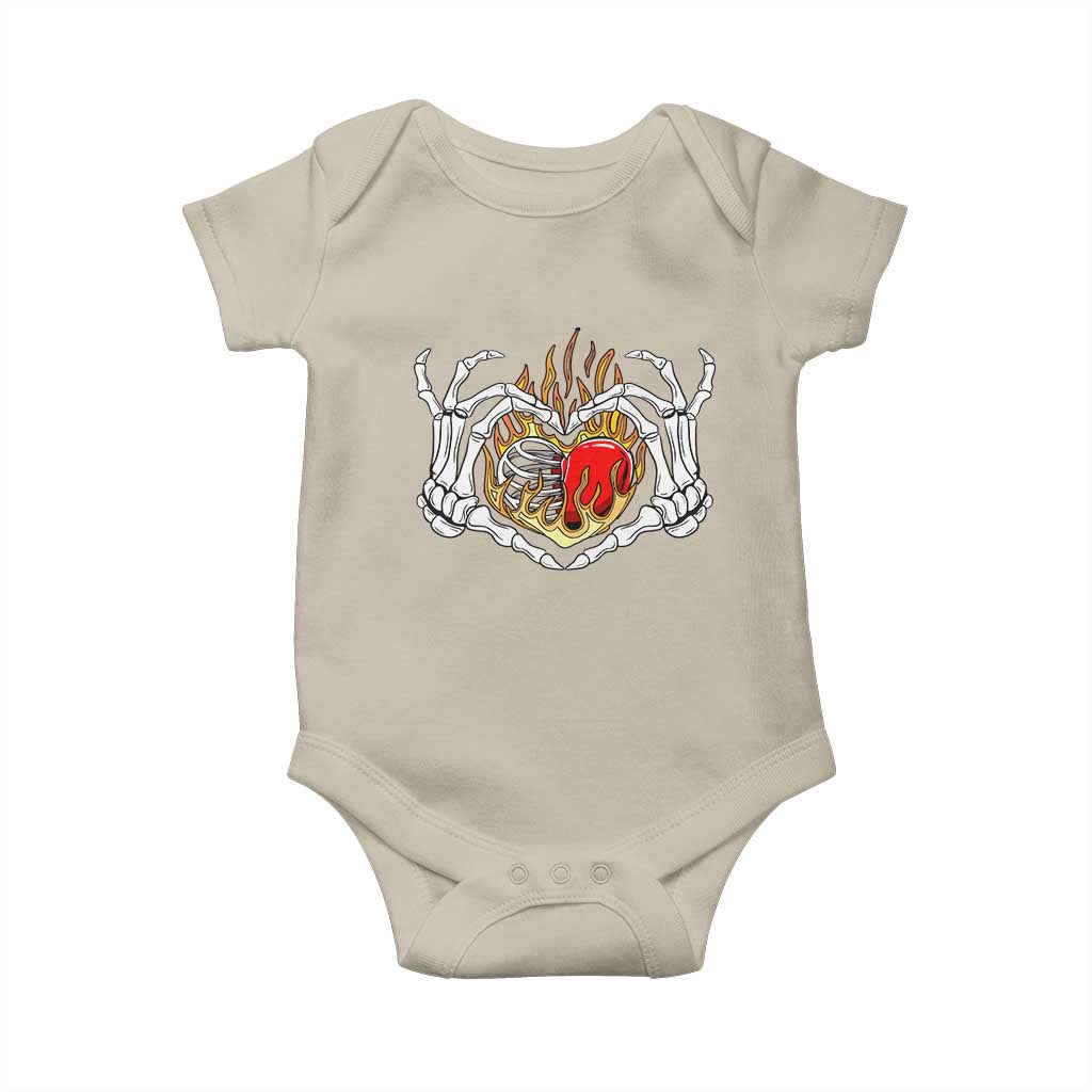 Valentine's Day Baby Onesie Skeleton Hand Love Sign Holding Fire Red Heart TS09 Sand Print Your Wear
