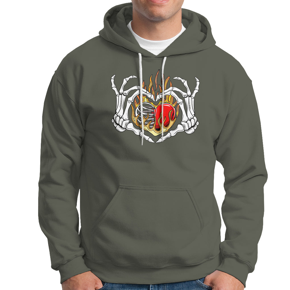 Valentine's Day Hoodie Skeleton Hand Love Sign Holding Fire Red Heart TS09 Military Green Printyourwear