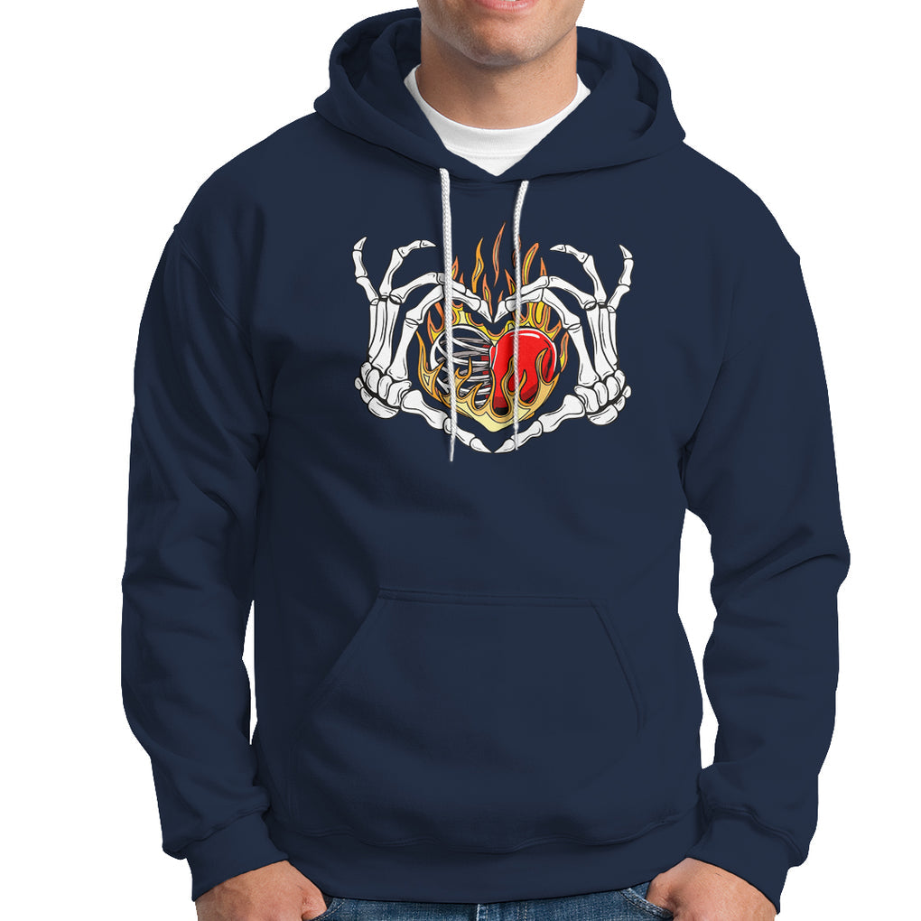 Valentine's Day Hoodie Skeleton Hand Love Sign Holding Fire Red Heart TS09 Navy Printyourwear