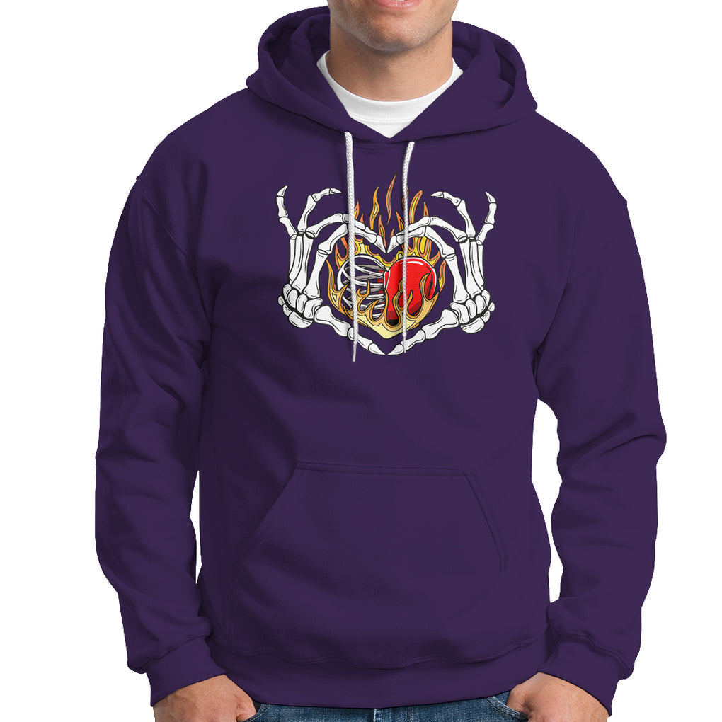 Valentine's Day Hoodie Skeleton Hand Love Sign Holding Fire Red Heart TS09 Purple Printyourwear