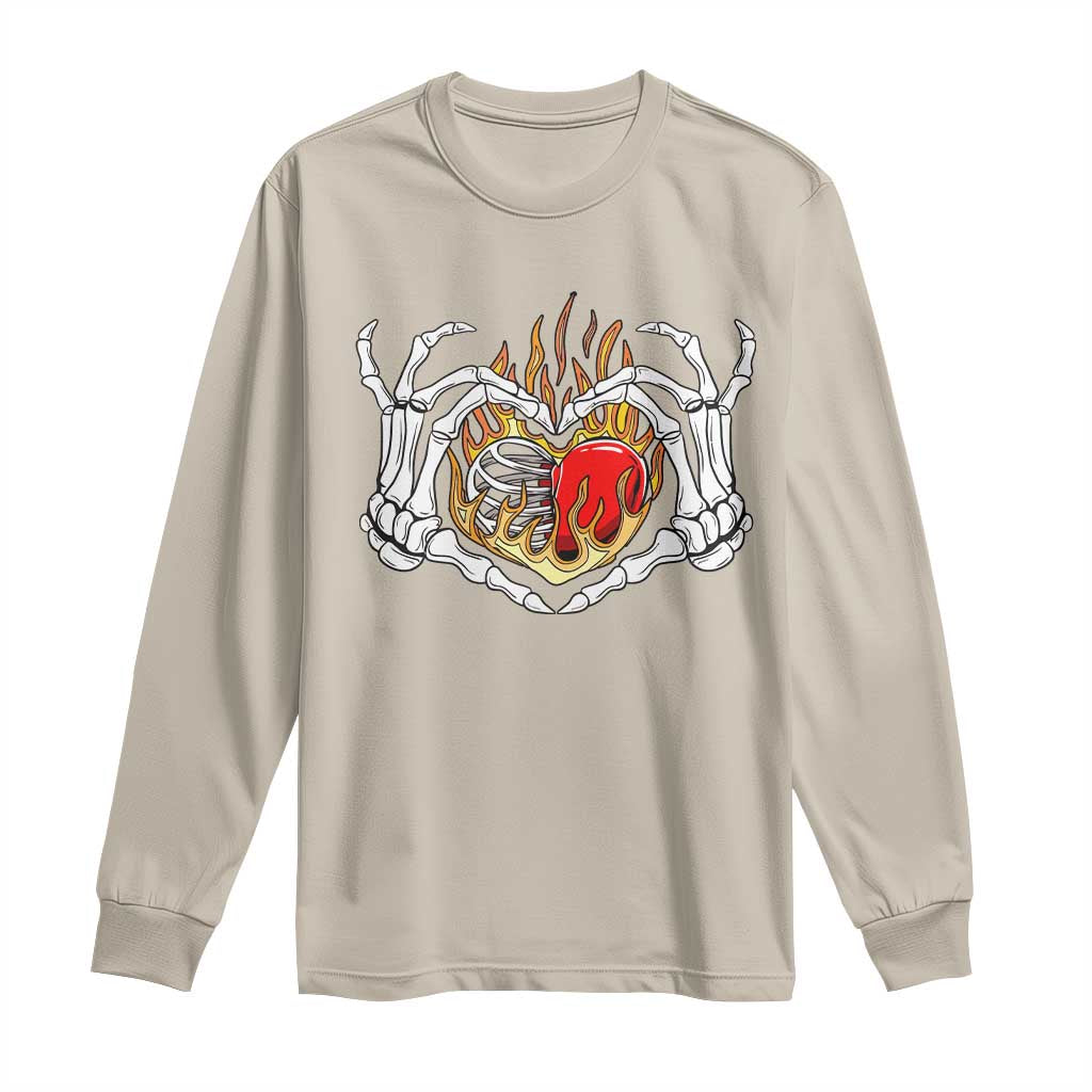 Valentine's Day Long Sleeve Shirt Skeleton Hand Love Sign Holding Fire Red Heart TS09 Sand Print Your Wear