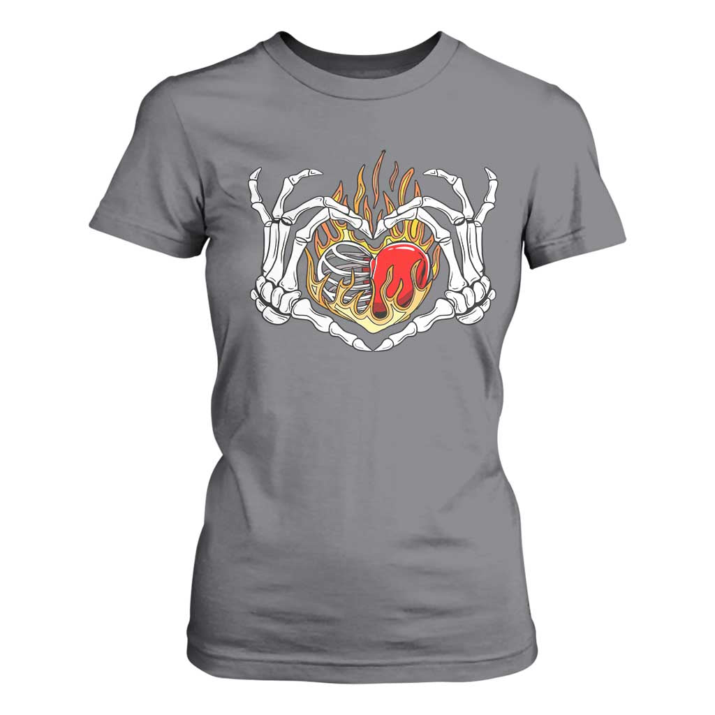 Valentine's Day T Shirt For Women Skeleton Hand Love Sign Holding Fire Red Heart TS09 Charcoal Print Your Wear