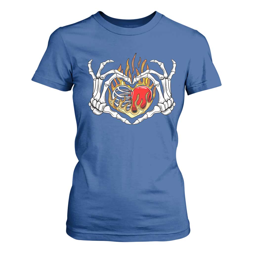 Valentine's Day T Shirt For Women Skeleton Hand Love Sign Holding Fire Red Heart TS09 Royal Blue Print Your Wear