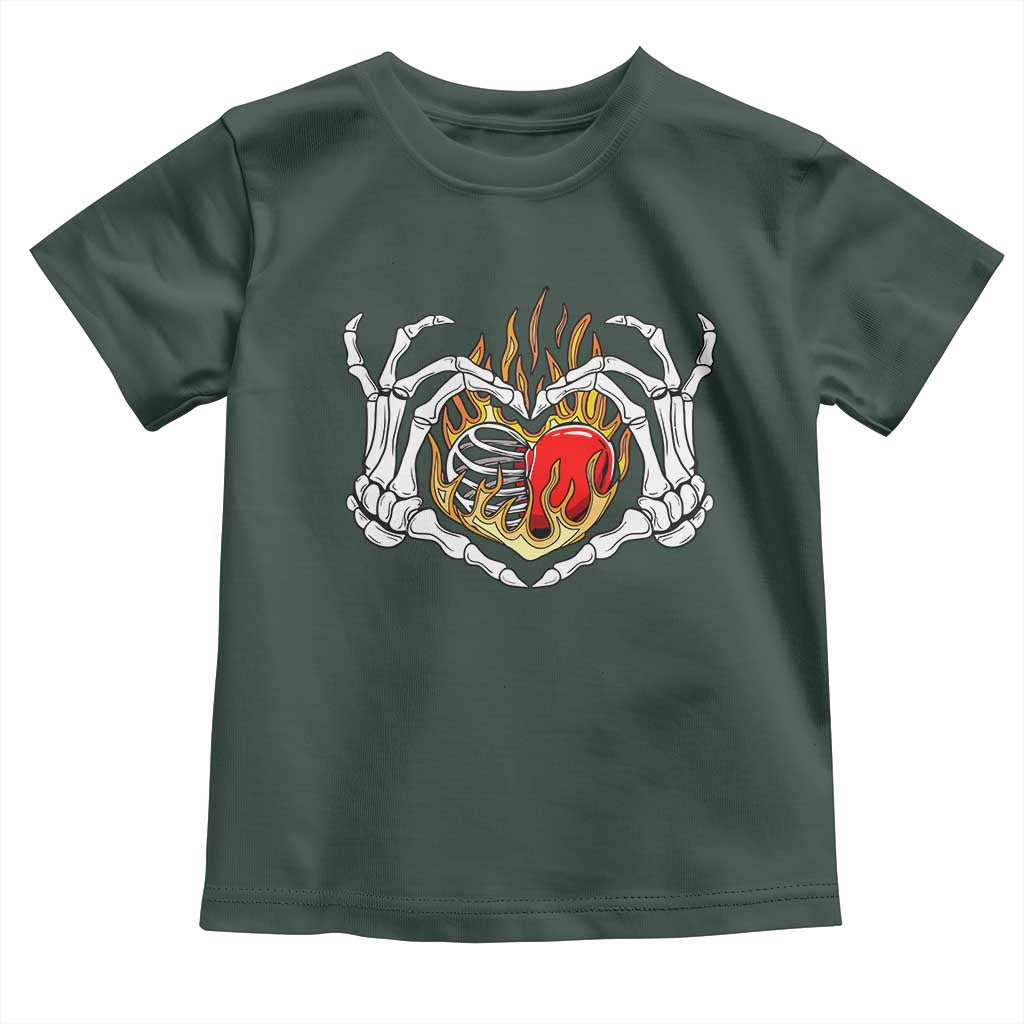 Valentine's Day Toddler T Shirt Skeleton Hand Love Sign Holding Fire Red Heart TS09 Dark Forest Green Print Your Wear