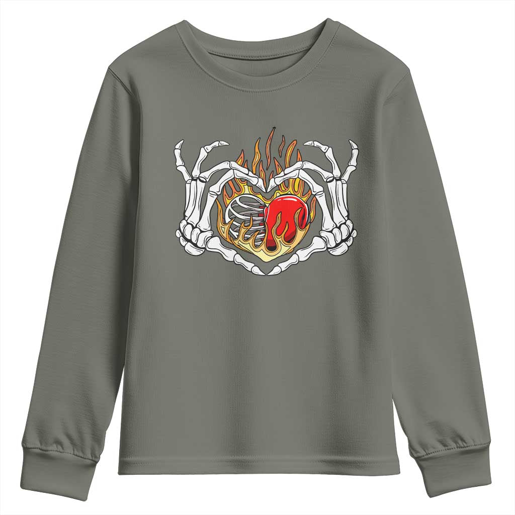 Valentine's Day Youth Sweatshirt Skeleton Hand Love Sign Holding Fire Red Heart TS09 Military Green Print Your Wear