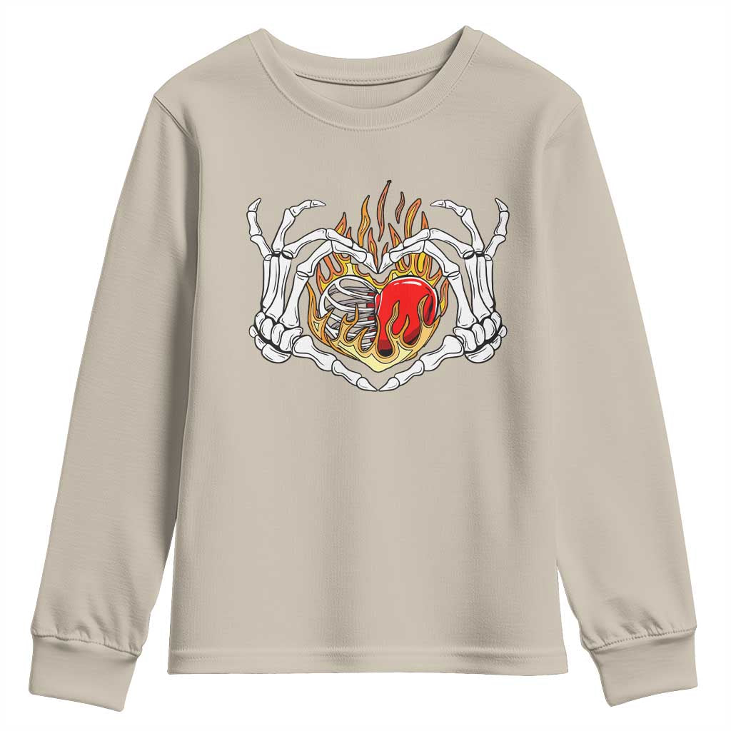 Valentine's Day Youth Sweatshirt Skeleton Hand Love Sign Holding Fire Red Heart TS09 Sand Print Your Wear