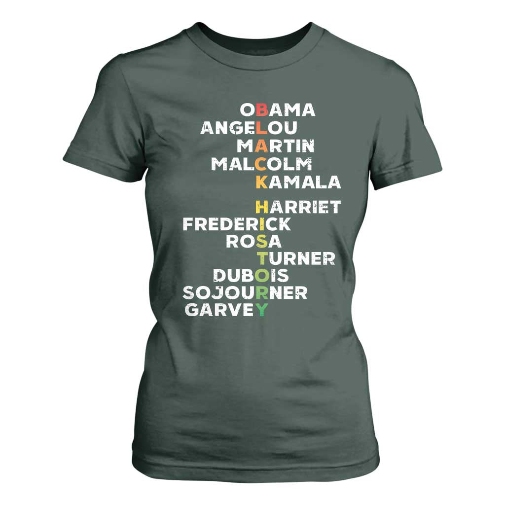 Black History Leaders T Shirt For Women Obama Martin Malcolm Harriet TS09 Dark Forest Green Print Your Wear