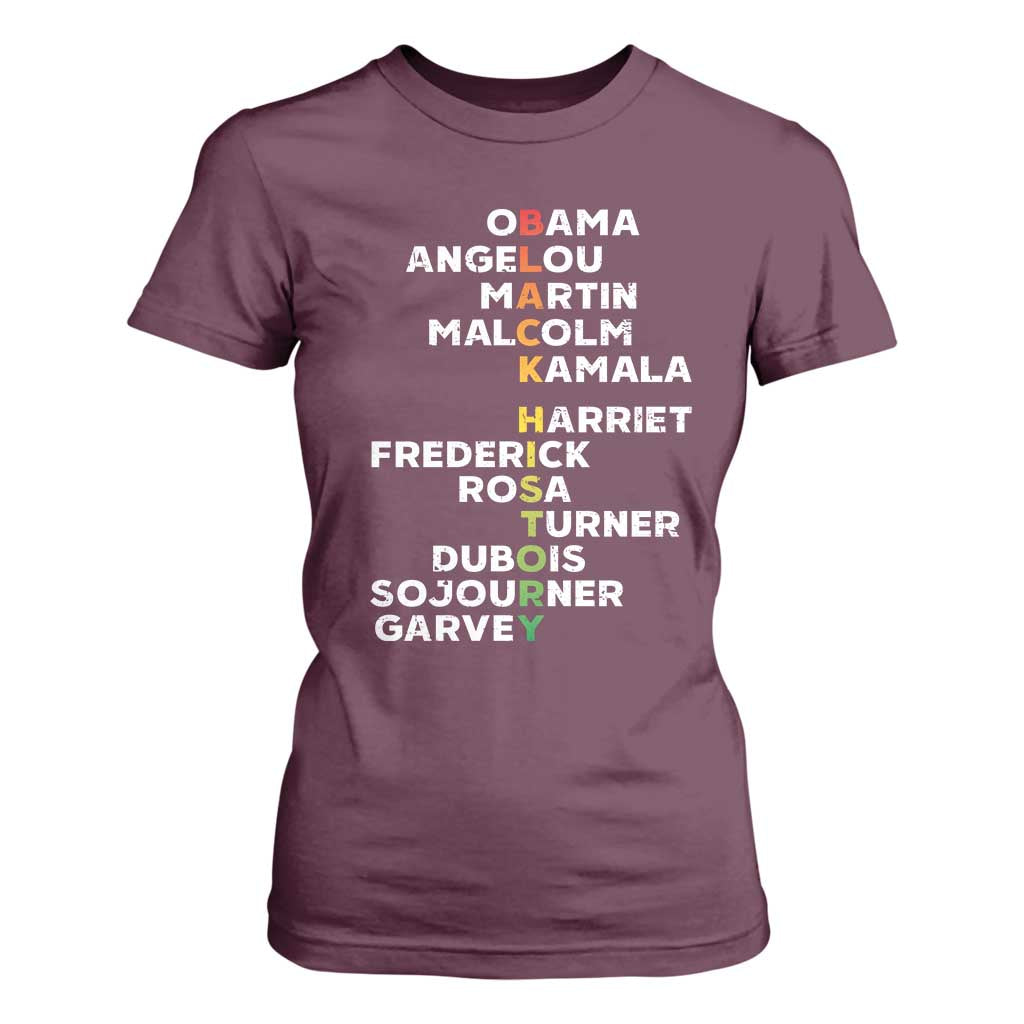 Black History Leaders T Shirt For Women Obama Martin Malcolm Harriet TS09 Maroon Print Your Wear