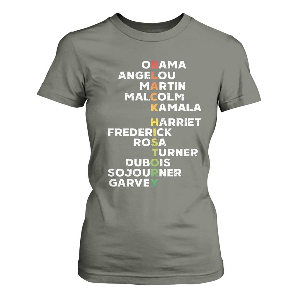 Black History Leaders T Shirt For Women Obama Martin Malcolm Harriet TS09 Military Green Print Your Wear