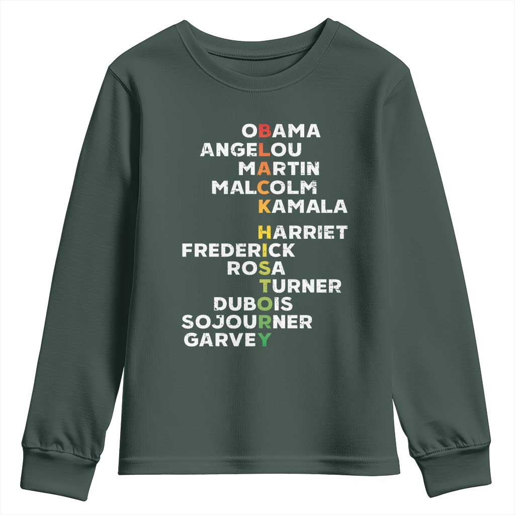 Black History Leaders Youth Sweatshirt Obama Martin Malcolm Harriet TS09 Dark Forest Green Print Your Wear