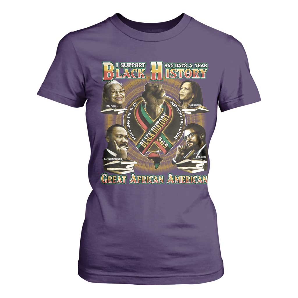 Support Black History 365 Days A Year T Shirt For Women Martin MLK Malcolm X Kamala Harris Rosa Parks TS09 Purple Print Your Wear