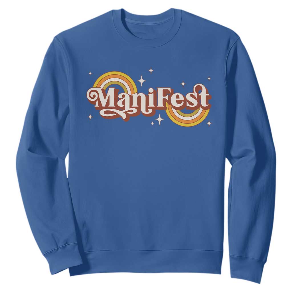 Manifest Sweatshirt Retro Groovy Rainbow Law Of Attraction TS09 Royal Blue Print Your Wear