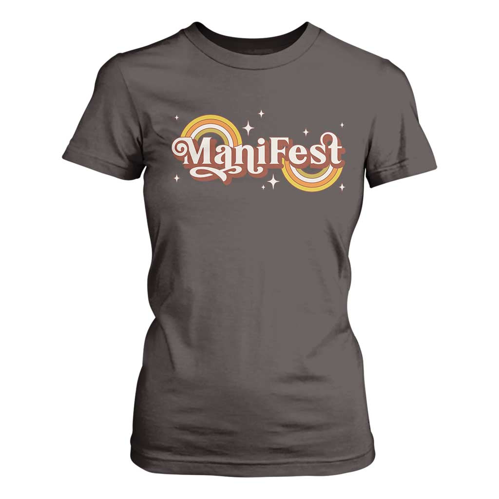 Manifest T Shirt For Women Retro Groovy Rainbow Law Of Attraction TS09 Dark Chocolate Print Your Wear