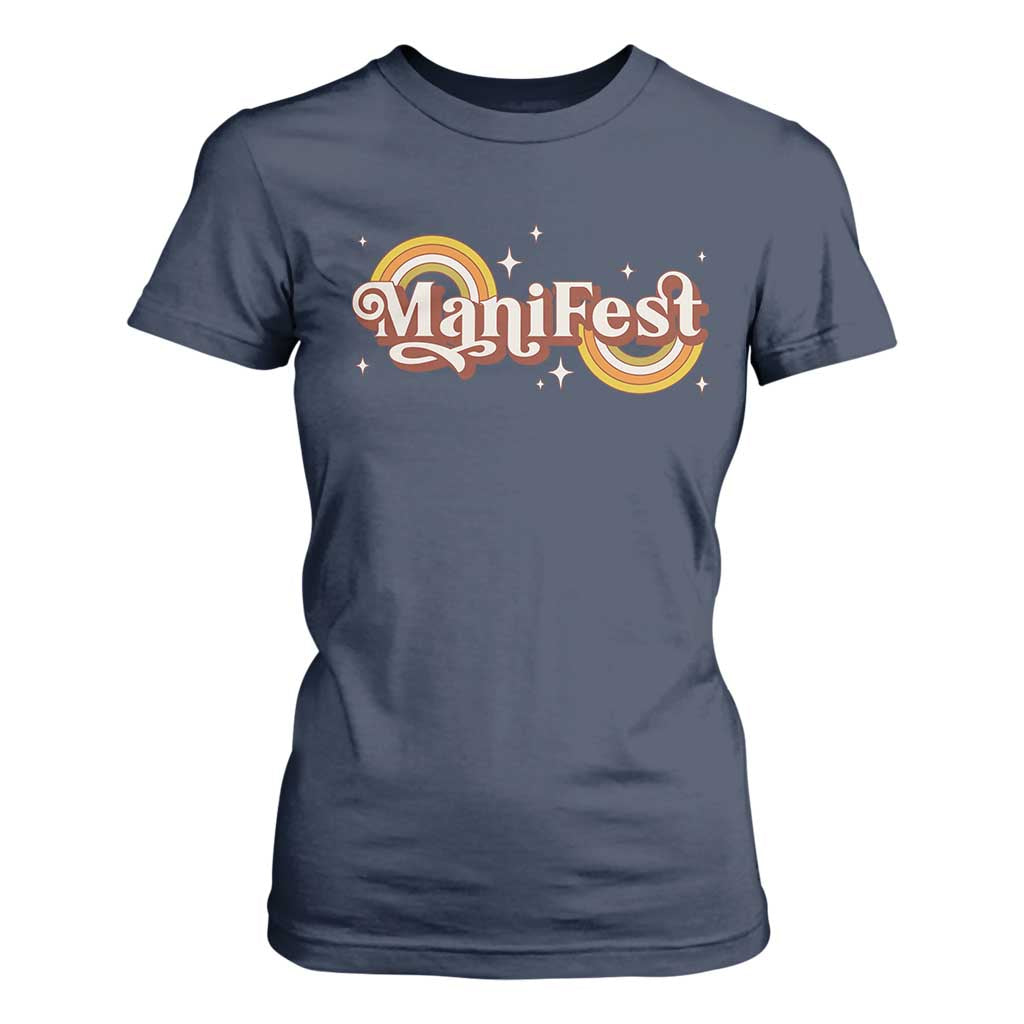 Manifest T Shirt For Women Retro Groovy Rainbow Law Of Attraction TS09 Navy Print Your Wear