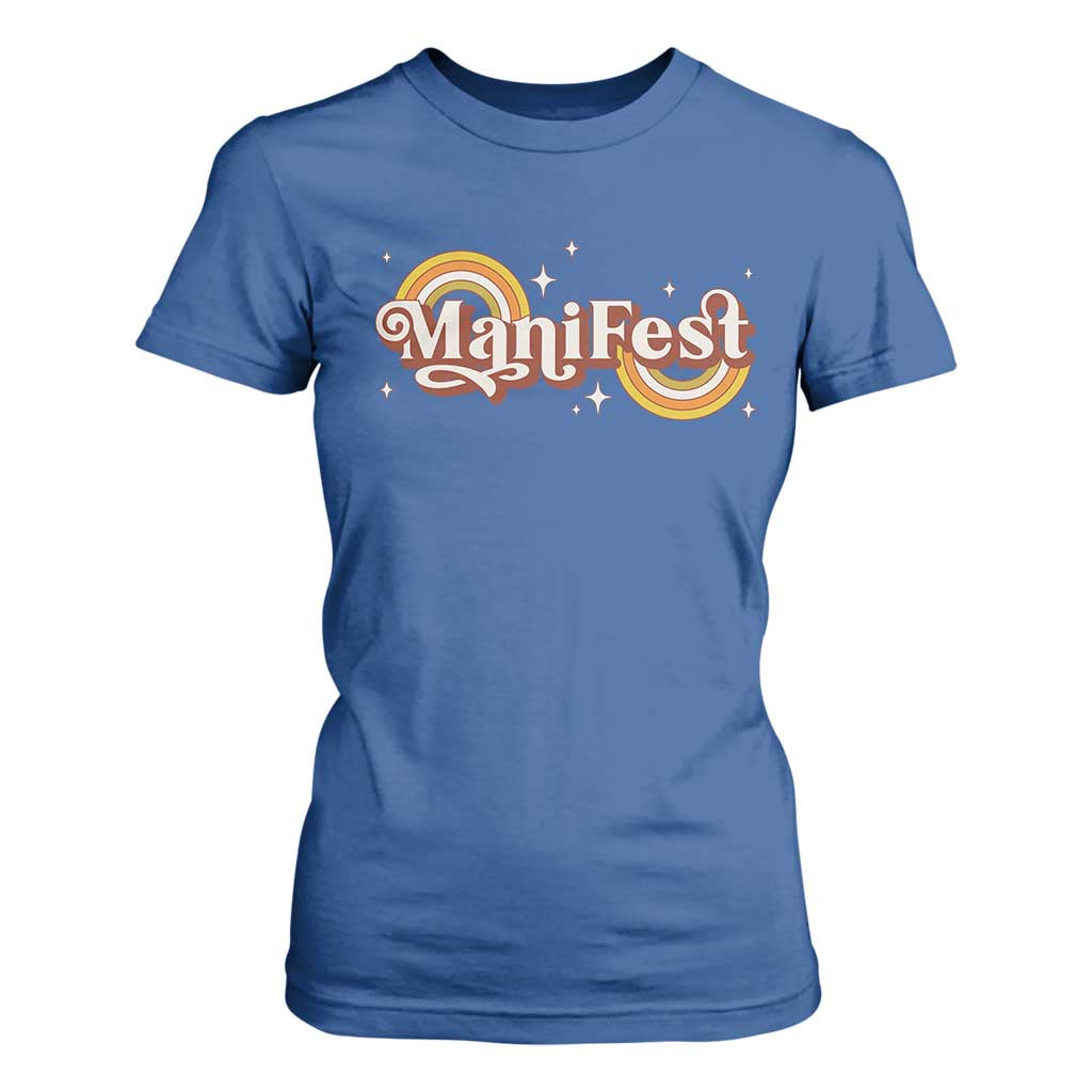 Manifest T Shirt For Women Retro Groovy Rainbow Law Of Attraction TS09 Royal Blue Print Your Wear