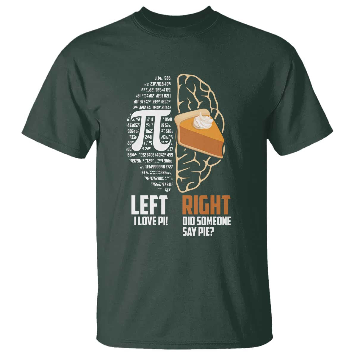 Funny Pi Day T Shirt Left Vs Right Brain 3,14 Pie Math Lover TS09 Dark Forest Green Print Your Wear