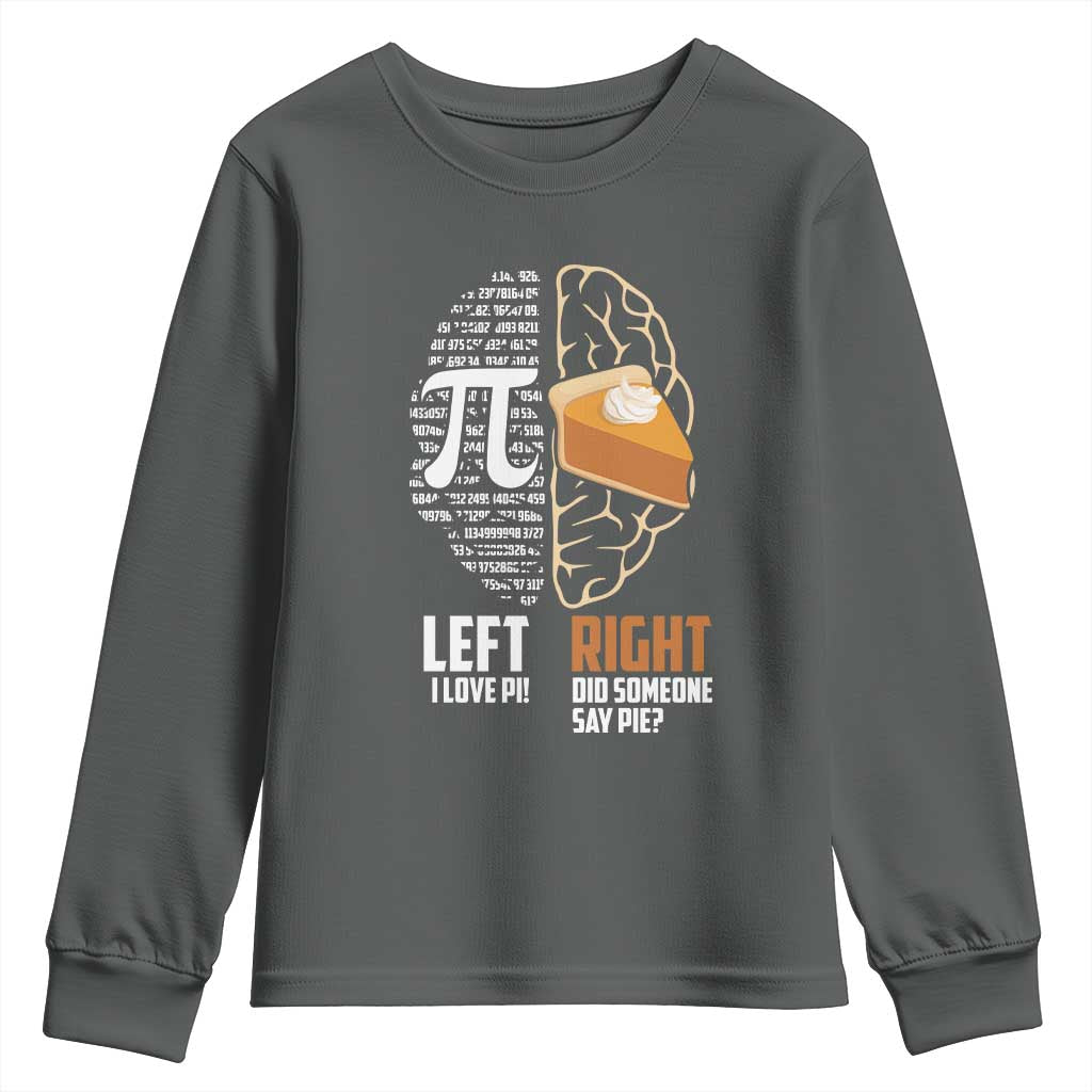Funny Pi Day Youth Sweatshirt Left Vs Right Brain 3,14 Pie Math Lover TS09 Dark Heather Print Your Wear