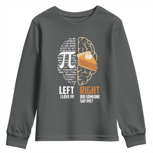Funny Pi Day Youth Sweatshirt Left Vs Right Brain 3,14 Pie Math Lover TS09 Dark Heather Print Your Wear