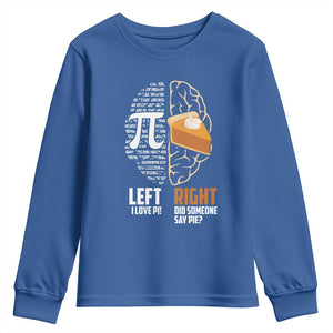 Funny Pi Day Youth Sweatshirt Left Vs Right Brain 3,14 Pie Math Lover TS09 Royal Blue Print Your Wear