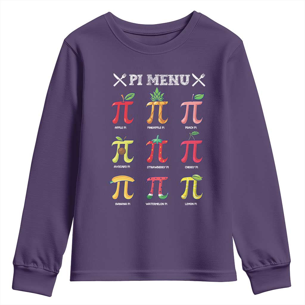 Funny Pi Day Youth Sweatshirt Pi Menu Fruits Pie Math Lover TS09 Purple Print Your Wear