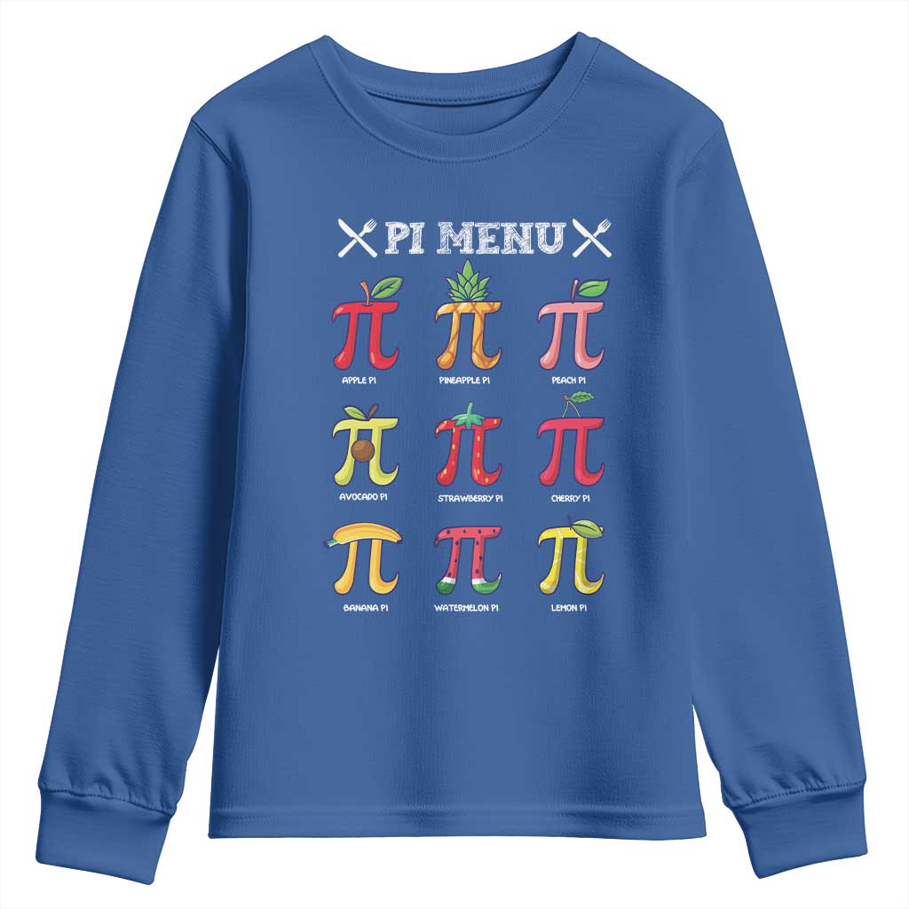Funny Pi Day Youth Sweatshirt Pi Menu Fruits Pie Math Lover TS09 Royal Blue Print Your Wear
