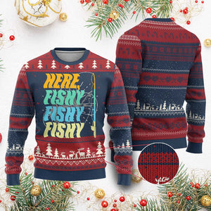 Here Fishy Fisherman Fishing Sport Angler Ugly Christmas Sweater TS09 Burgundy Print Your Wear