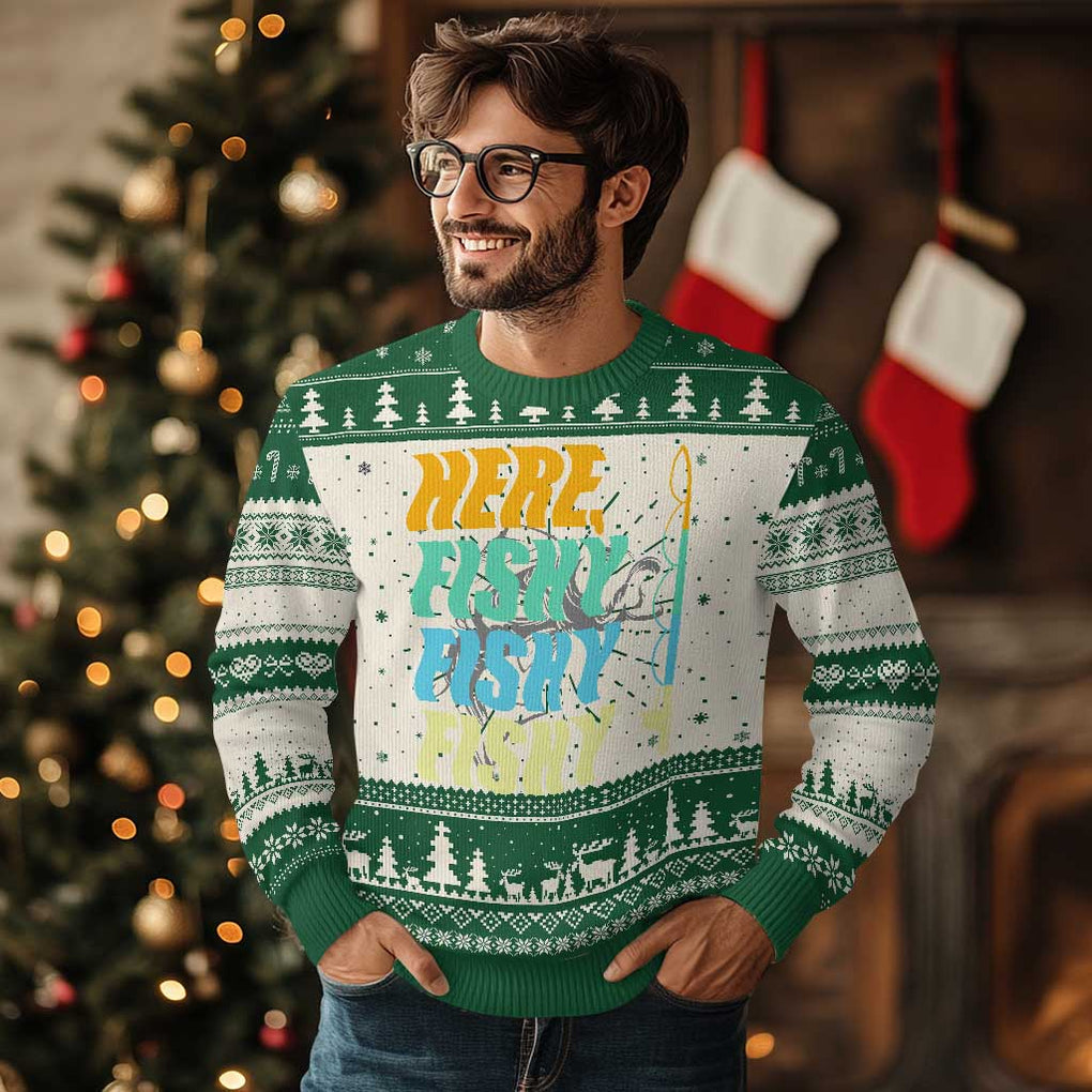 Here Fishy Fisherman Fishing Sport Angler Ugly Christmas Sweater TS09 Green Print Your Wear