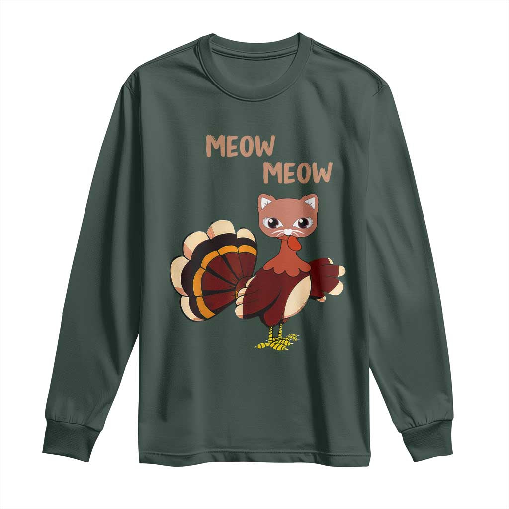 Thanksgiving Long Sleeve Shirt Funny Turkey Fake Meow Meow TS09 Dark Forest Green Print Your Wear