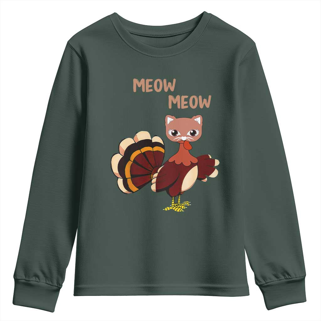 Thanksgiving Youth Sweatshirt Funny Turkey Fake Meow Meow TS09 Dark Forest Green Print Your Wear