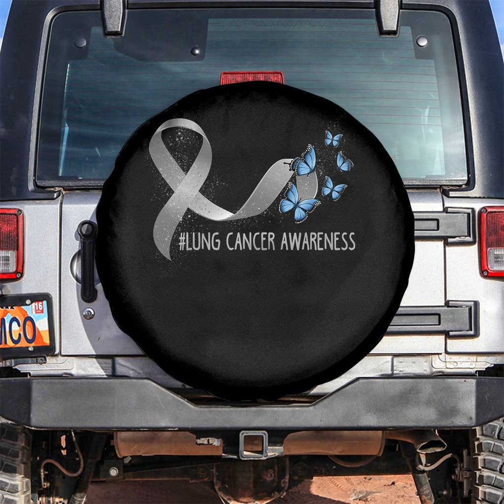 Pretty White Ribbon Butterfly Lung Cancer Awareness Spare Tire Cover TS09 No hole Black Print Your Wear