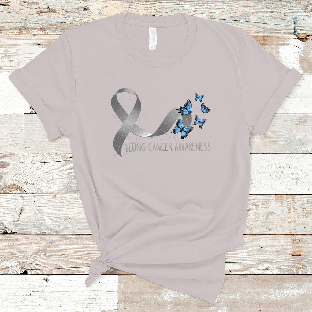 Pretty White Ribbon Butterfly Lung Cancer Awareness T Shirt TS09 Ice Gray Printyourwear
