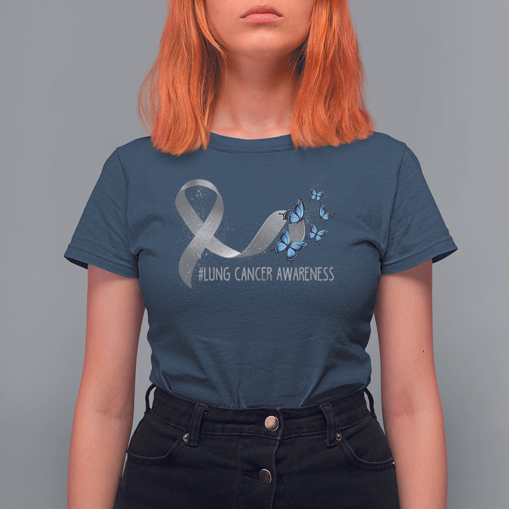Pretty White Ribbon Butterfly Lung Cancer Awareness T Shirt For Women TS09 Navy Printyourwear