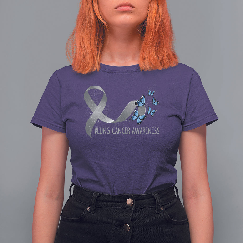 Pretty White Ribbon Butterfly Lung Cancer Awareness T Shirt For Women TS09 Purple Printyourwear
