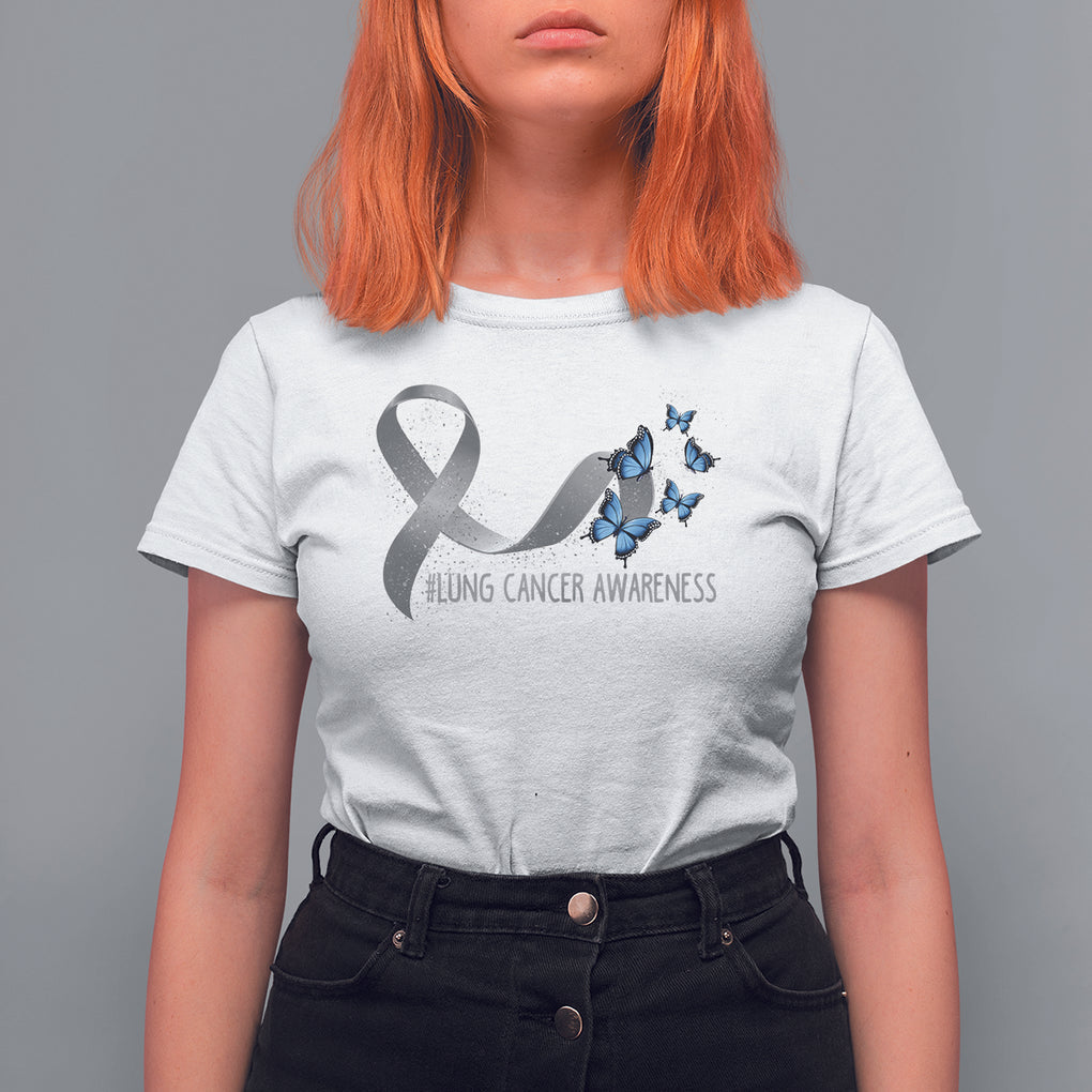 Pretty White Ribbon Butterfly Lung Cancer Awareness T Shirt For Women TS09 White Printyourwear