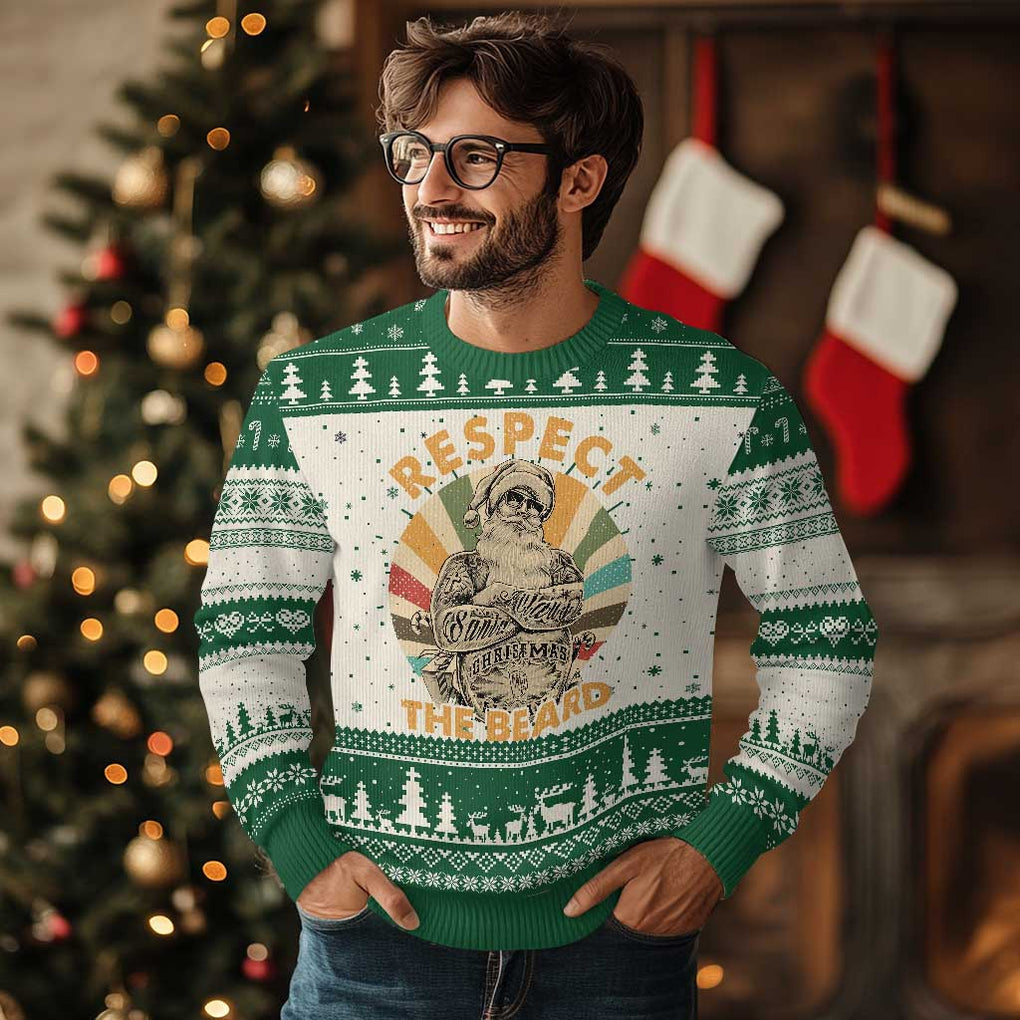 Retro Xmas Ugly Christmas Sweater Respect The Beard Cool Santa Vintage TS09 Green Print Your Wear