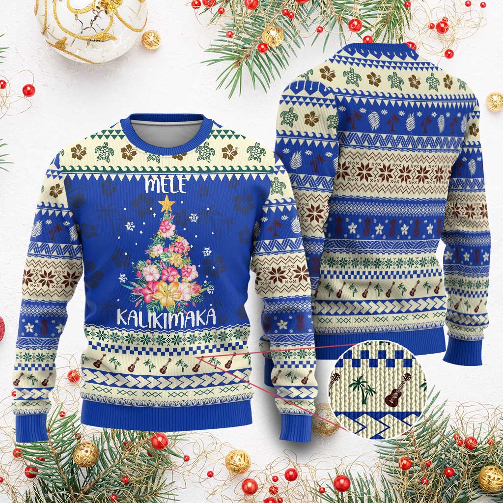 Xmas In Hawaii Ugly Christmas Sweater Mele Kalikimaka Hawaiian Christmas Tree Tropical Flower TS09 Blue Print Your Wear