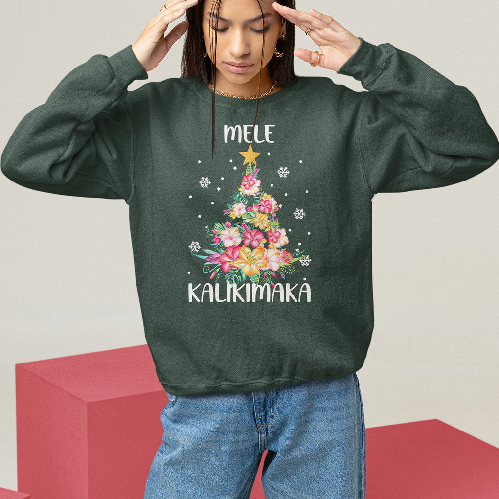 Mele Kalikimaka Hawaiian Christmas Tree Tropical Flower Sweatshirt TS09 Dark Forest Green Printyourwear