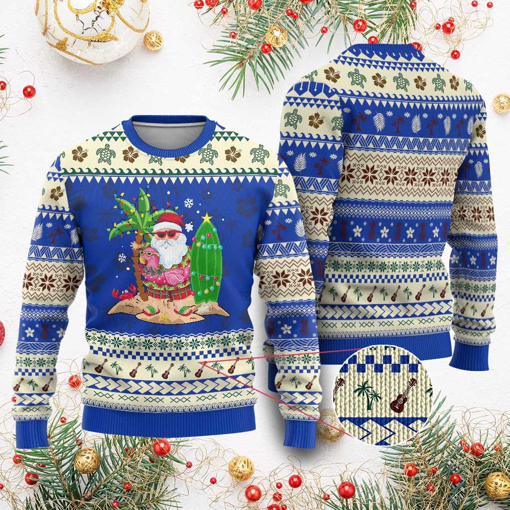 Xmas In Hawaii Ugly Christmas Sweater Flamingo Float Xmas Palm Tree Surfboard Cute Santa At Beach TS09 Blue Print Your Wear