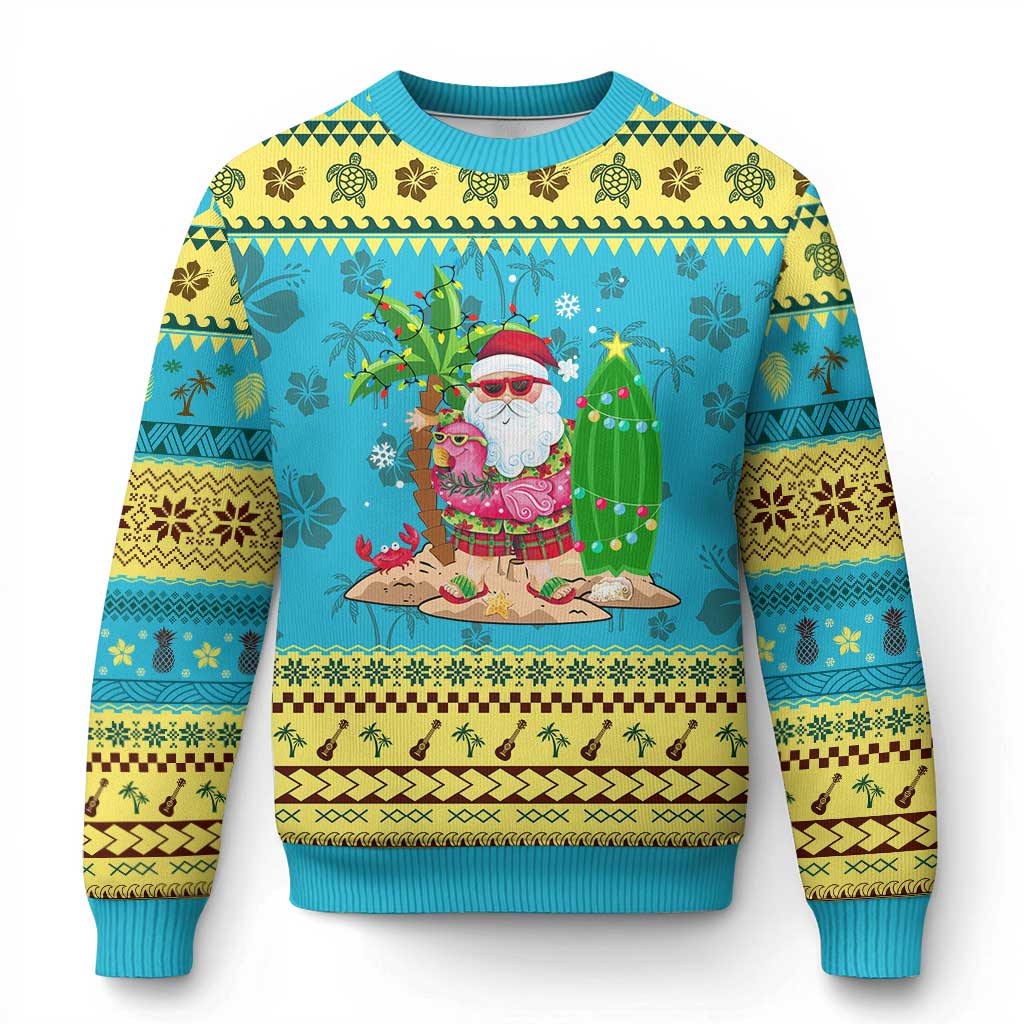 Xmas In Hawaii Ugly Christmas Sweater Flamingo Float Xmas Palm Tree Surfboard Cute Santa At Beach TS09 Hawaii Print Your Wear