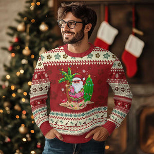 Xmas In Hawaii Ugly Christmas Sweater Flamingo Float Xmas Palm Tree Surfboard Cute Santa At Beach TS09 Hibiscus Print Your Wear