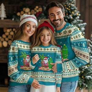 Xmas In Hawaii Ugly Christmas Sweater Flamingo Float Xmas Palm Tree Surfboard Cute Santa At Beach TS09 Teal Print Your Wear