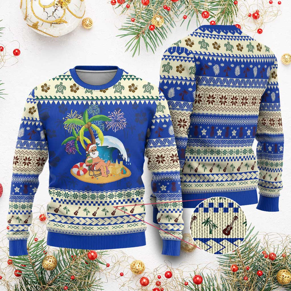 Xmas In Hawaii Ugly Christmas Sweater Palm Tree Firework Santa At Beach Drinking Coconut TS09 Blue Print Your Wear