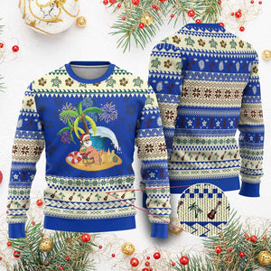 Xmas In Hawaii Ugly Christmas Sweater Palm Tree Firework Santa At Beach Drinking Coconut TS09 Blue Print Your Wear