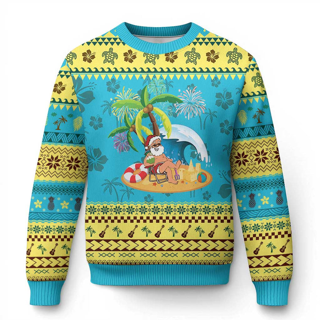 Xmas In Hawaii Ugly Christmas Sweater Palm Tree Firework Santa At Beach Drinking Coconut TS09 Hawaii Print Your Wear