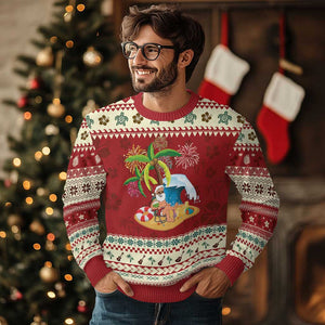Xmas In Hawaii Ugly Christmas Sweater Palm Tree Firework Santa At Beach Drinking Coconut TS09 Hibiscus Print Your Wear