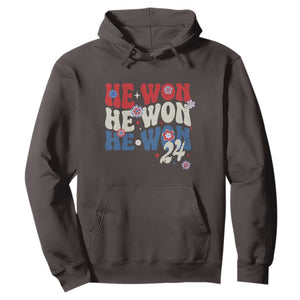 Trump US President He Won 2024 Groovy Retro Hoodie TS09 Dark Chocolate Print Your Wear