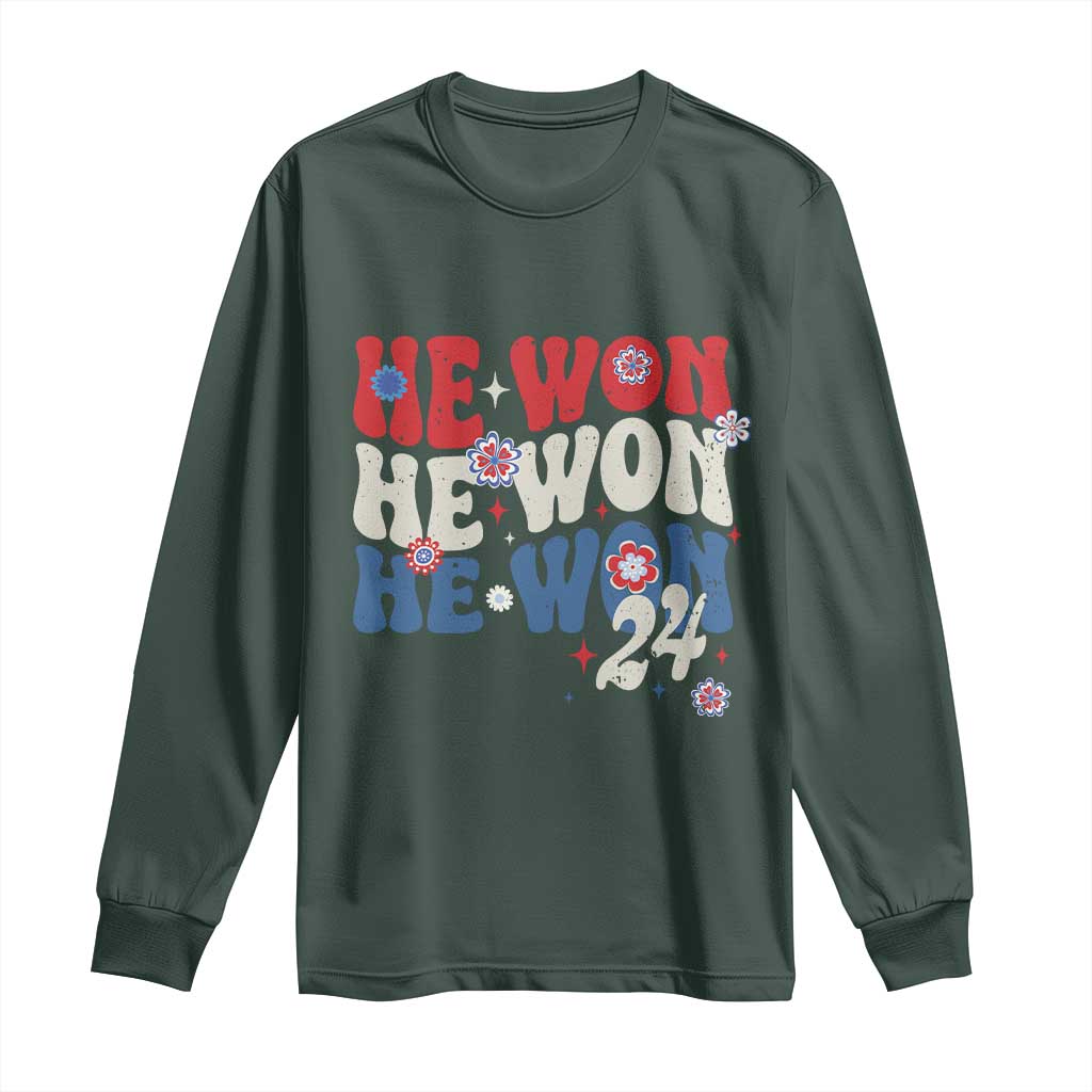 Trump US President He Won 2024 Groovy Retro Long Sleeve Shirt TS09 Dark Forest Green Print Your Wear