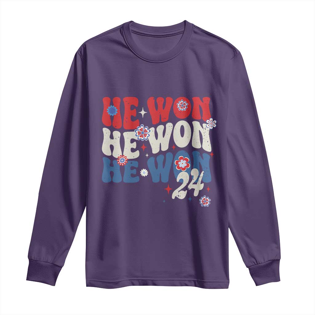 Trump US President He Won 2024 Groovy Retro Long Sleeve Shirt TS09 Purple Print Your Wear